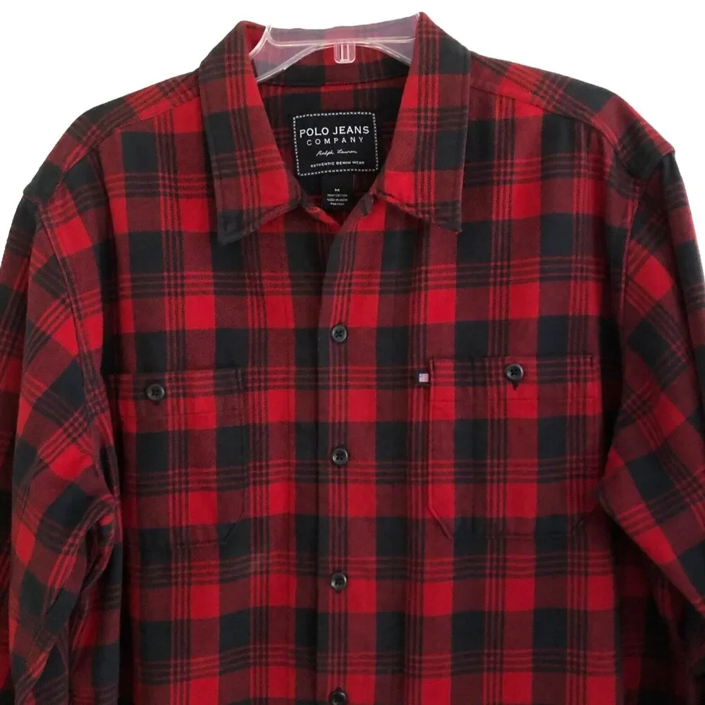 Polo Ralph Lauren Flannel Shirt Mens Size M Heavy Cotton Buffalo Plaid Cabincore